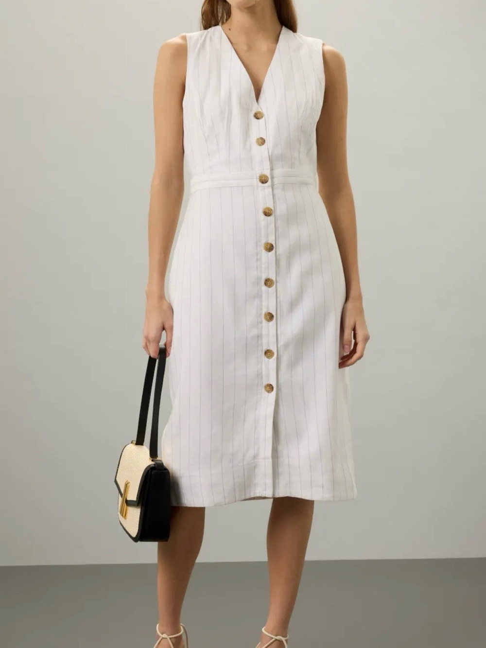 Club Monaco Sleeveless White Pinstripe Button-Front Midi Dress